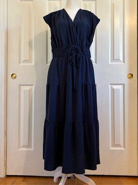 Rachel Zoe Navy Blue Tiered V-Neck Maxi Dress w/Smocked Waist & Cap Sleeves XL